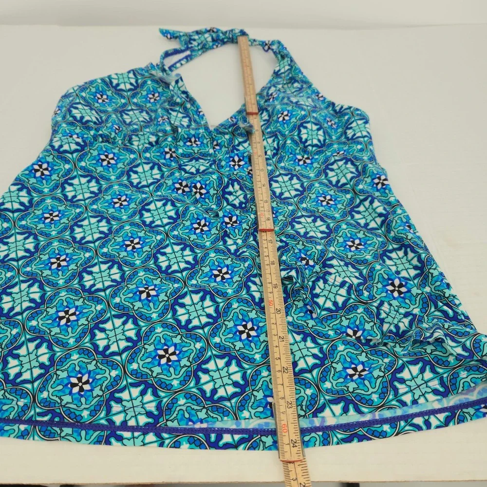Assets by Sara Blakely Swim Tankini Top Women Large Blue Geometric Halter Ruffle
